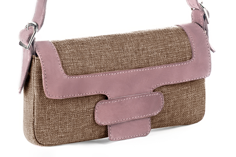 Caramel brown and dusty rose pink women's dress handbag, matching pumps and belts. Front view - Florence KOOIJMAN